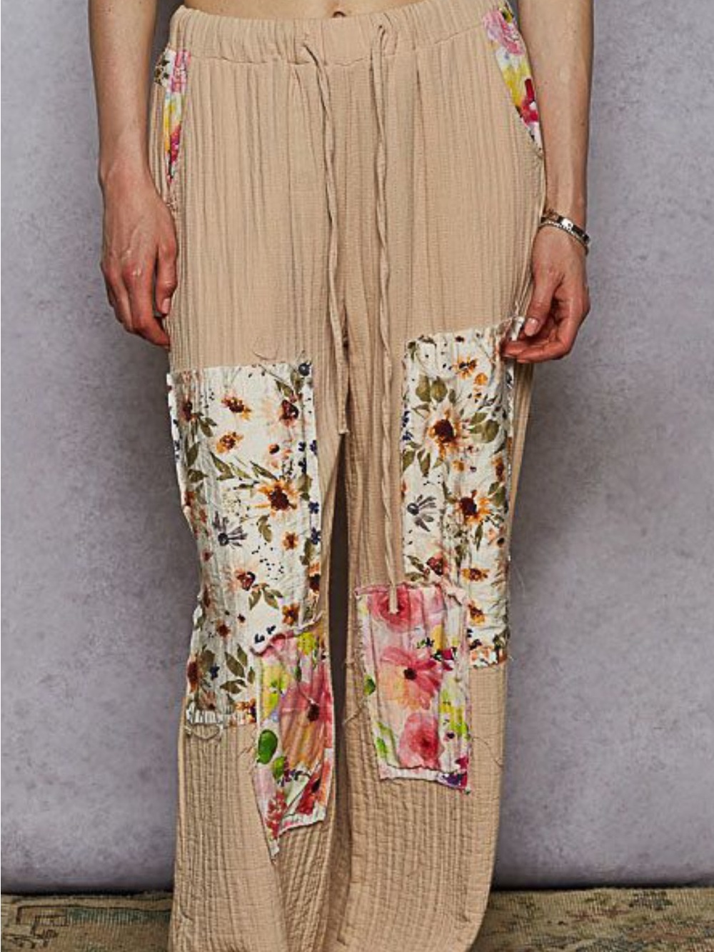 POL Beige Wide-Leg Patchwork Floral Drawstring Pants